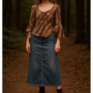 Y2K Forest Fairy Brown Patterned Top Boho Whimsical Size Small Women's